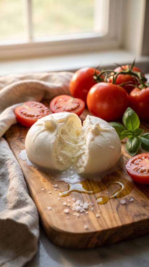 A buffalo mozzarella torn open on an olive-wood board with vine tomatoes, generated from one product photo