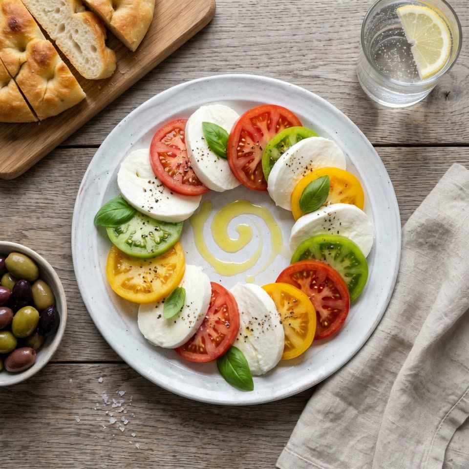 Caprese with an olive oil swirl, overhead