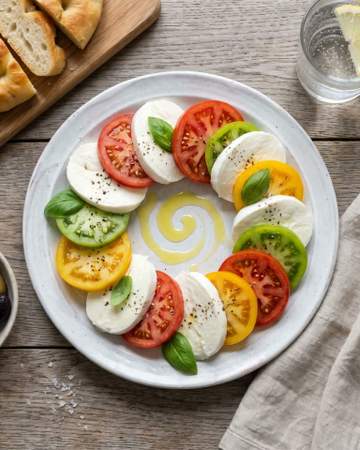 Caprese with an olive oil swirl, overhead