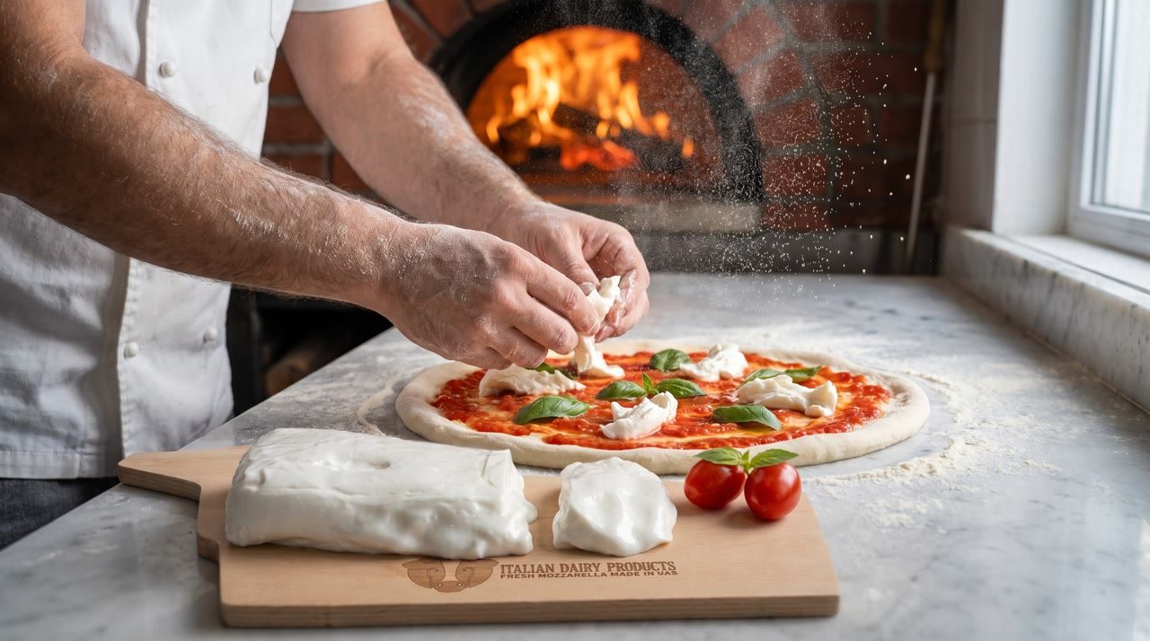 A pizzaiolo topping a pizza by the oven