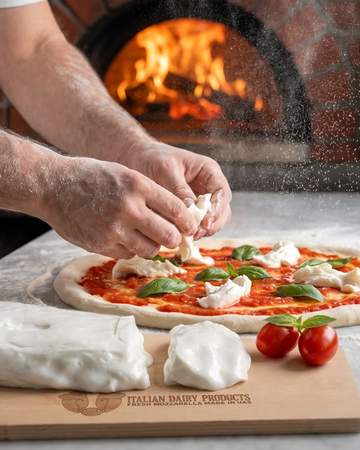 A pizzaiolo topping a pizza by the oven