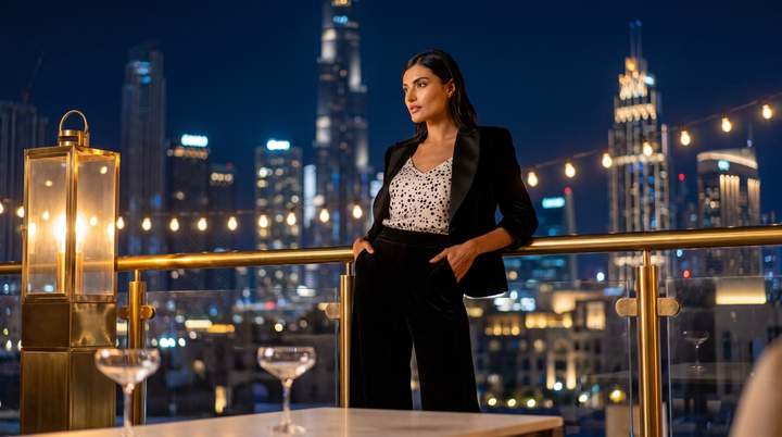 A velvet tuxedo on a city rooftop at night: a wide-format variant